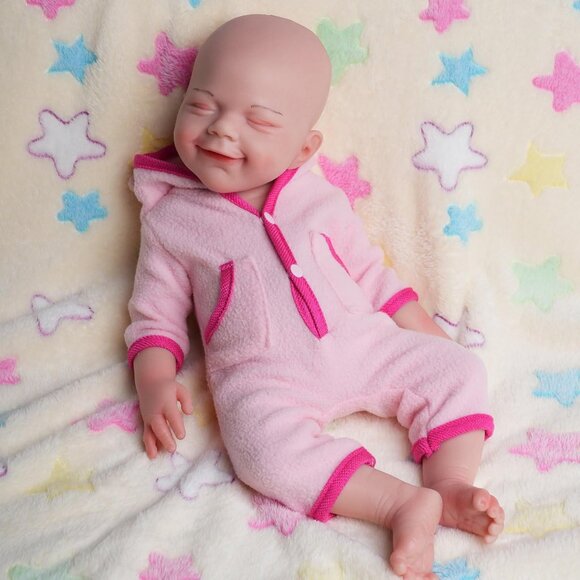🆕18 inch Full Body Platinum Silicone Bald Baby Doll Closed Eyes Smiling Girl - Picture 8 of 14